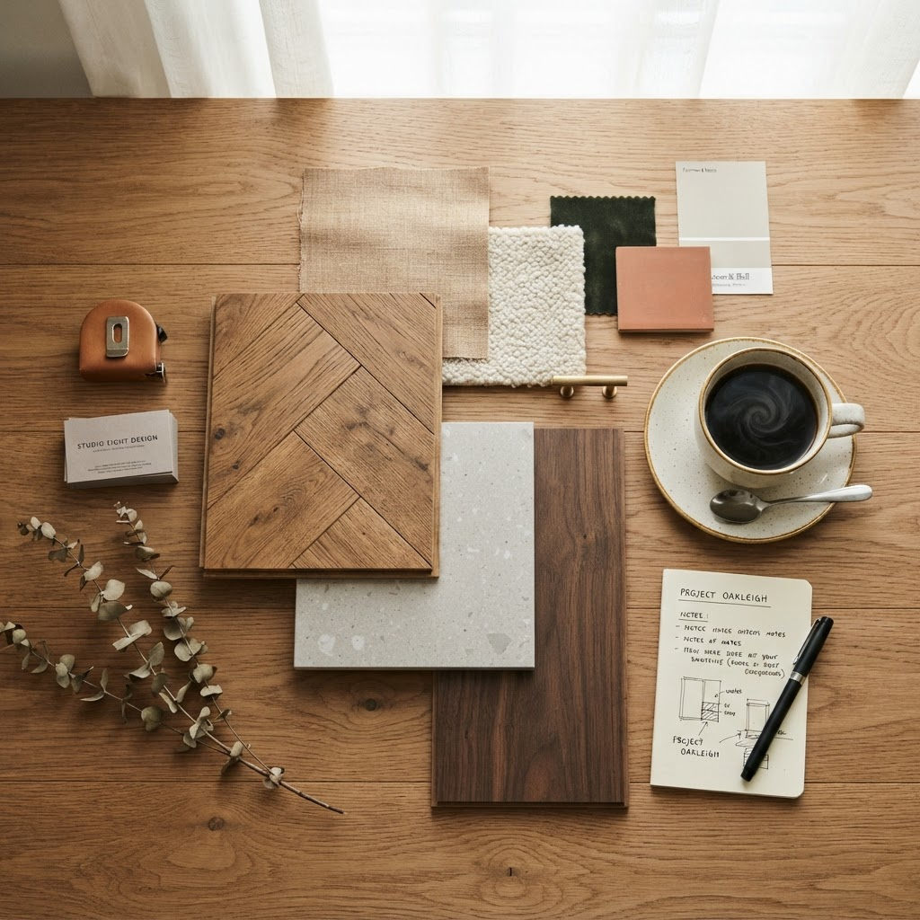 Flooring samples and interior swatches arranged on an oak surface