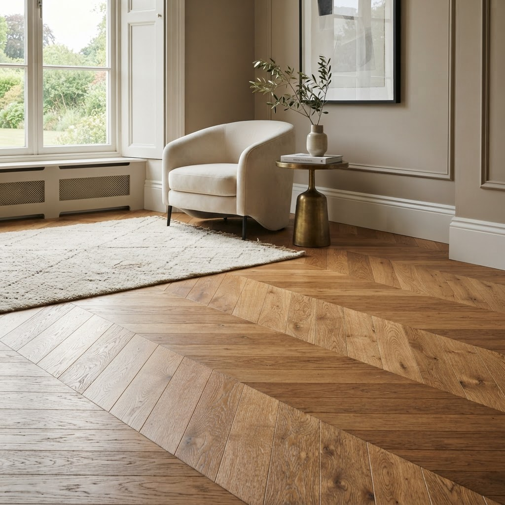 Chevron Aged Oak in a styled room setting