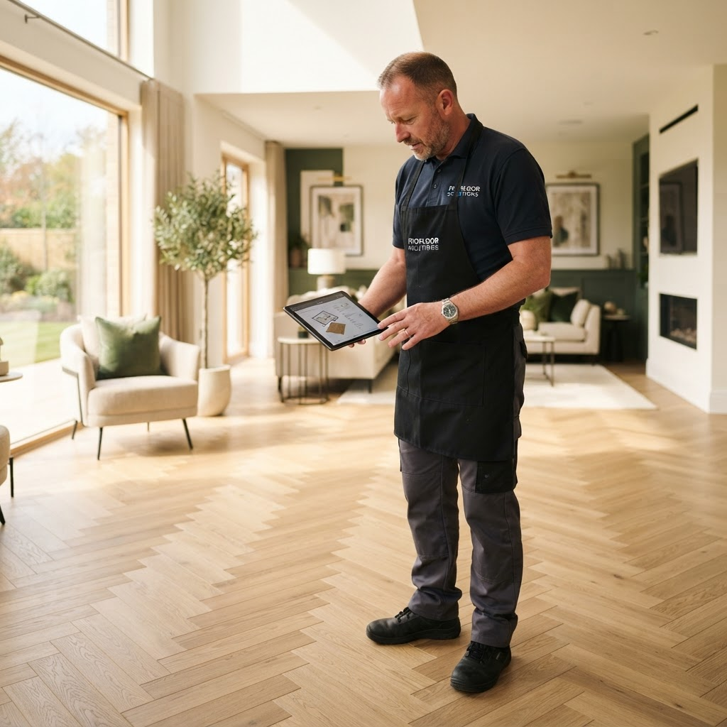 Flooring contractor reviewing engineered oak planks in a modern show-home