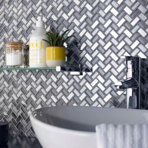 Dusk Grey Herringbone Glass & Mirror Mosaic Tile - 290x270mm